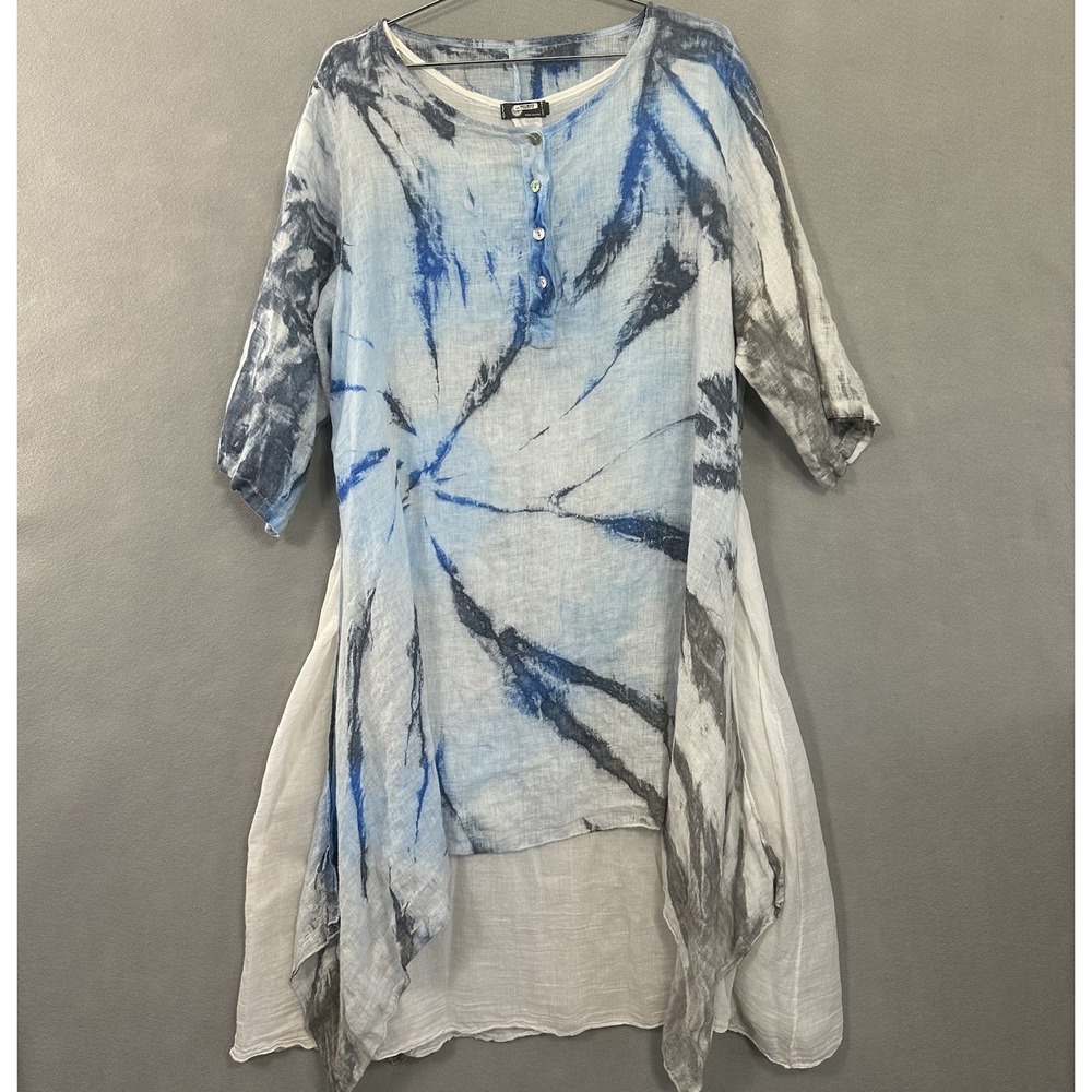 M‎ Made In Italy Linen Dress Blue Tie Dye Layered Artsy Lagenlook Women's Large